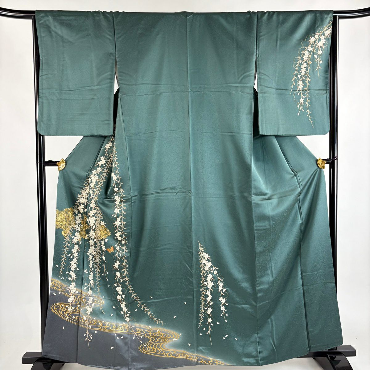 訪問服 身長161.5cm 袖長65.5cm M 雙層 枝垂櫻 蝴蝶 刺繡 金彩裝飾 灰綠 純蠶絲 秀品級