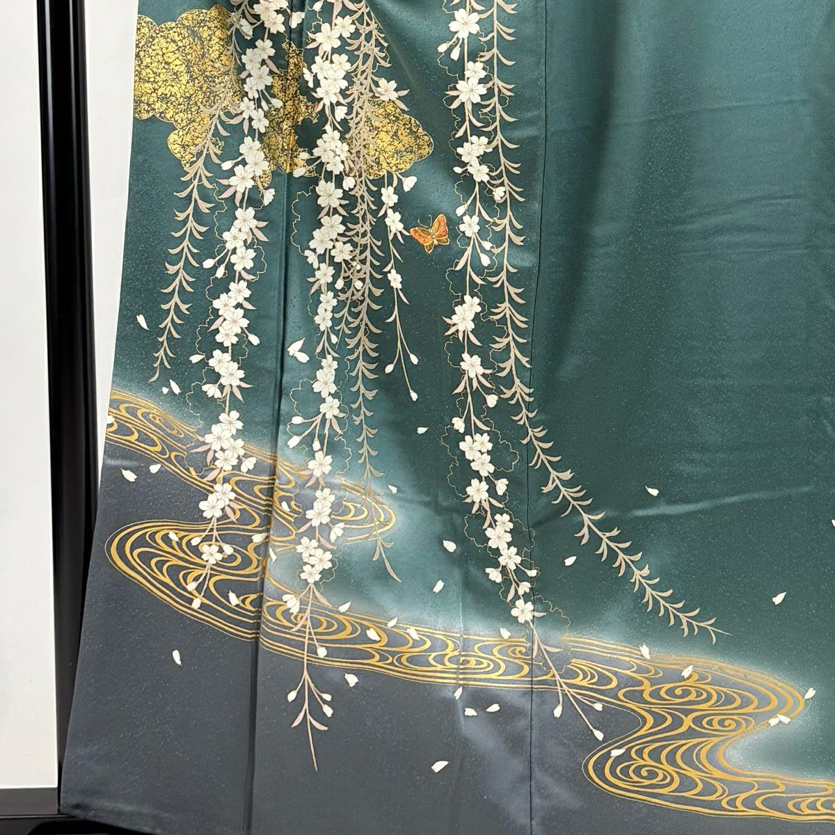 訪問服 身長161.5cm 袖長65.5cm M 雙層 枝垂櫻 蝴蝶 刺繡 金彩裝飾 灰綠 純蠶絲 秀品級