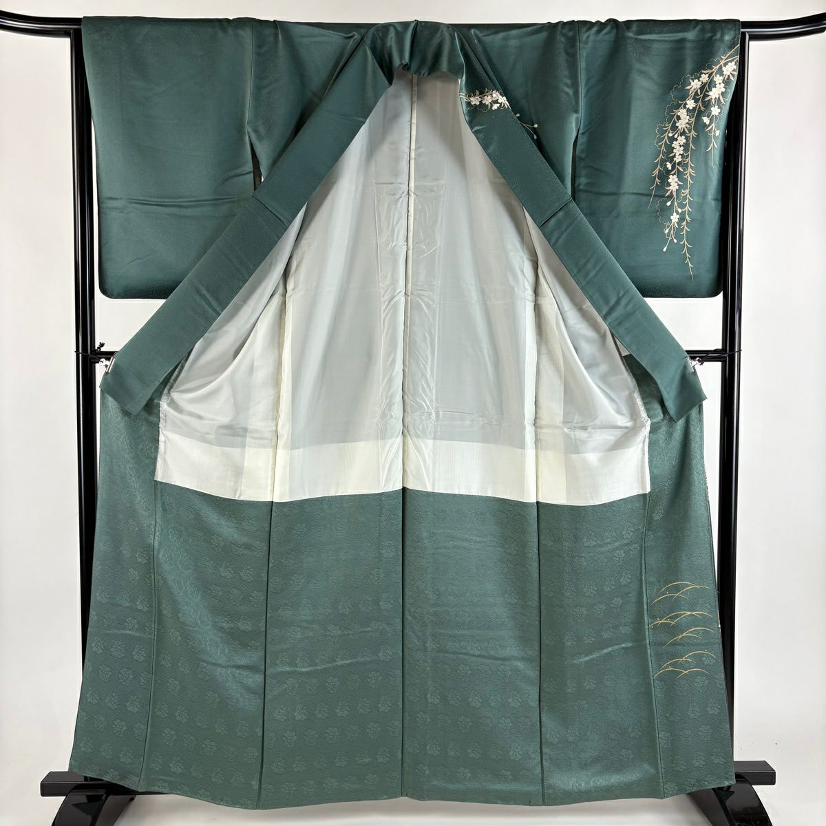 訪問服 身長161.5cm 袖長65.5cm M 雙層 枝垂櫻 蝴蝶 刺繡 金彩裝飾 灰綠 純蠶絲 秀品級