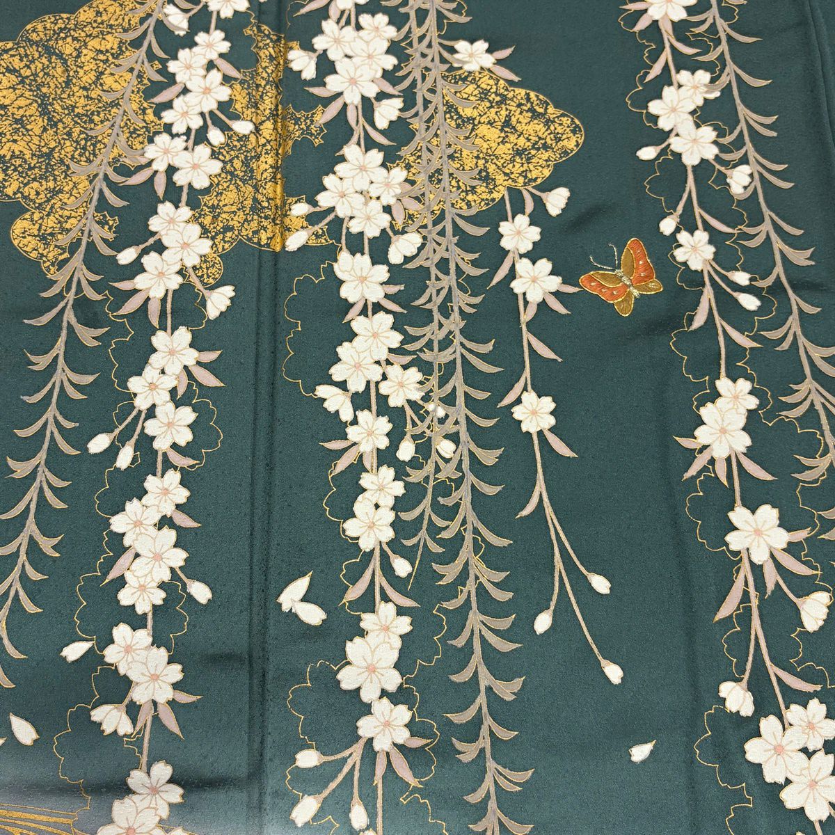 訪問服 身長161.5cm 袖長65.5cm M 雙層 枝垂櫻 蝴蝶 刺繡 金彩裝飾 灰綠 純蠶絲 秀品級