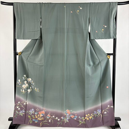 訪問服 身長167.5cm 袖長67.5cm L 雙層 落款 木蓮 草花紋紋 染分 ぼかし 灰綠 純蠶絲 秀品級 一つ紋