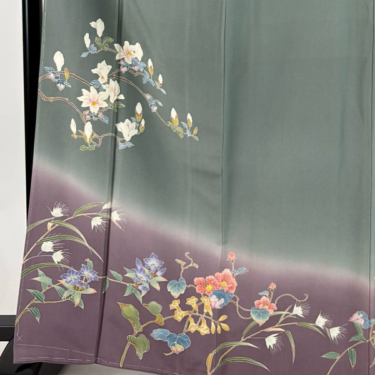 訪問服 身長167.5cm 袖長67.5cm L 雙層 落款 木蓮 草花紋紋 染分 ぼかし 灰綠 純蠶絲 秀品級 一つ紋