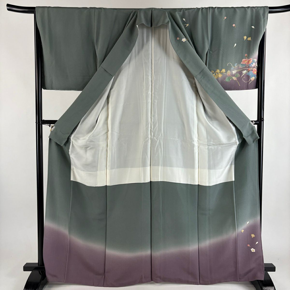 訪問服 身長167.5cm 袖長67.5cm L 雙層 落款 木蓮 草花紋紋 染分 ぼかし 灰綠 純蠶絲 秀品級 一つ紋