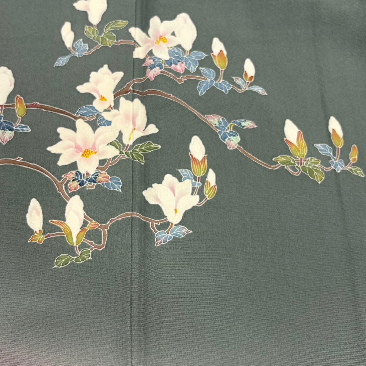 訪問服 身長167.5cm 袖長67.5cm L 雙層 落款 木蓮 草花紋紋 染分 ぼかし 灰綠 純蠶絲 秀品級 一つ紋