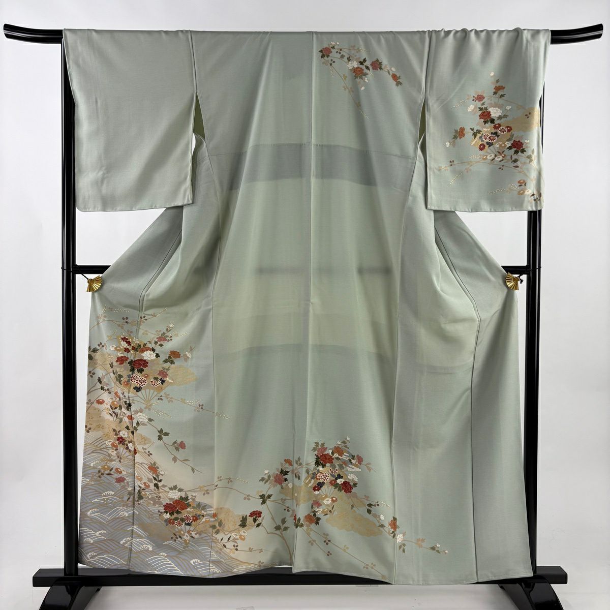 訪問服 身長158.5cm 袖長69cm L 雙層 扇子 牡丹 金彩裝飾 漸層 淺綠 純蠶絲 優品級