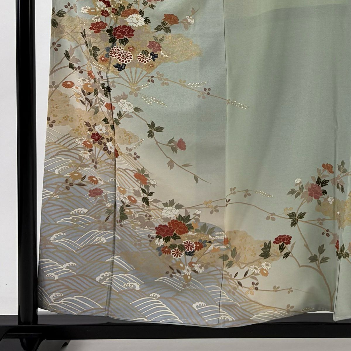 訪問服 身長158.5cm 袖長69cm L 雙層 扇子 牡丹 金彩裝飾 漸層 淺綠 純蠶絲 優品級