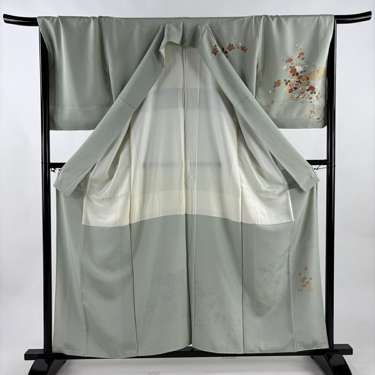 訪問服 身長158.5cm 袖長69cm L 雙層 扇子 牡丹 金彩裝飾 漸層 淺綠 純蠶絲 優品級