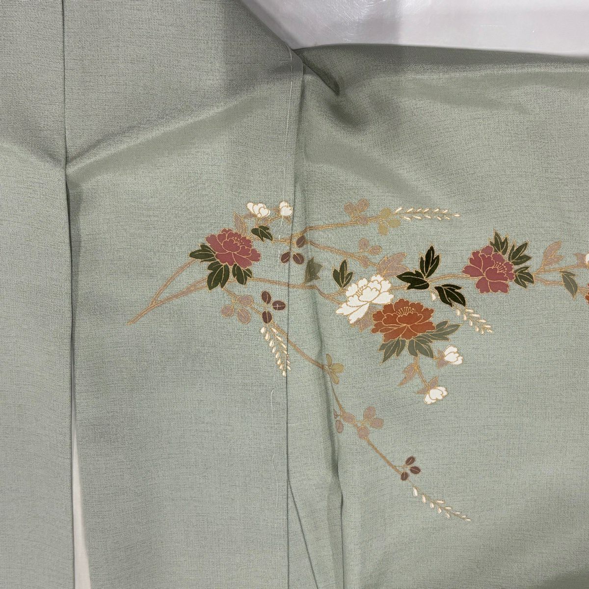 訪問服 身長158.5cm 袖長69cm L 雙層 扇子 牡丹 金彩裝飾 漸層 淺綠 純蠶絲 優品級