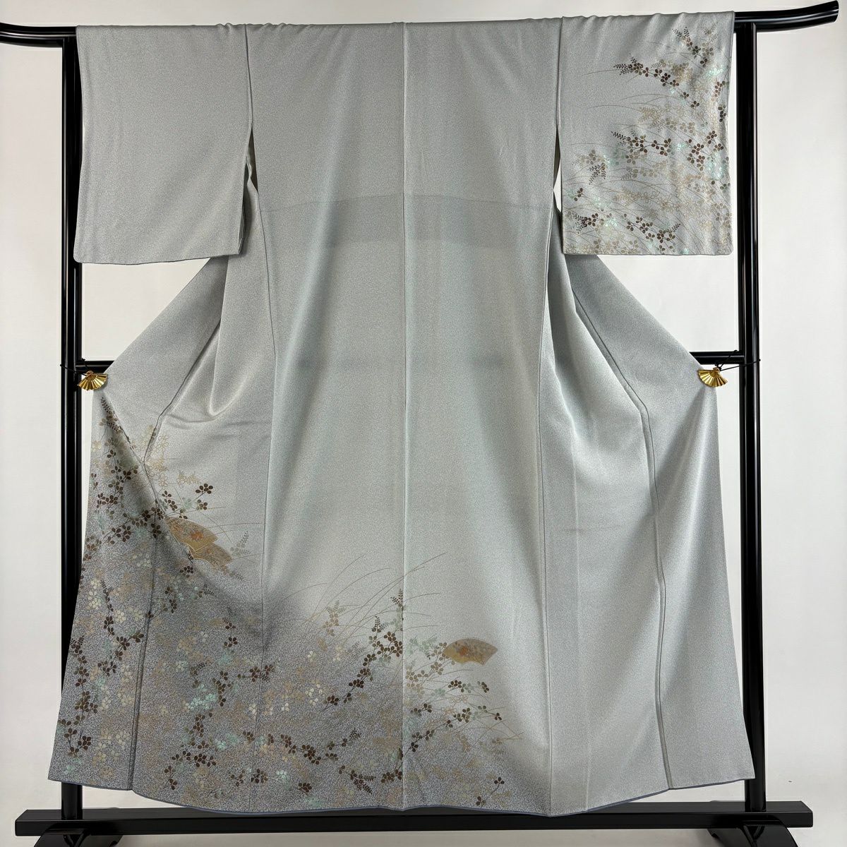訪問服 身長155.5cm 袖長64cm M 雙層 扇子面 萩 刺繡 金彩裝飾 灰 純蠶絲 秀品級