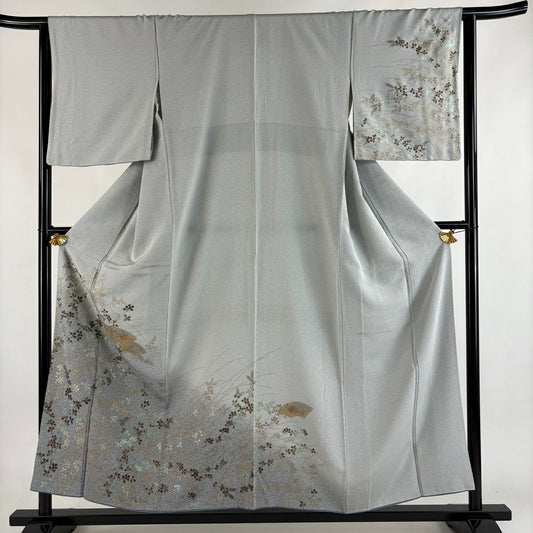 訪問服 身長155.5cm 袖長64cm M 雙層 扇子面 萩 刺繡 金彩裝飾 灰 純蠶絲 秀品級