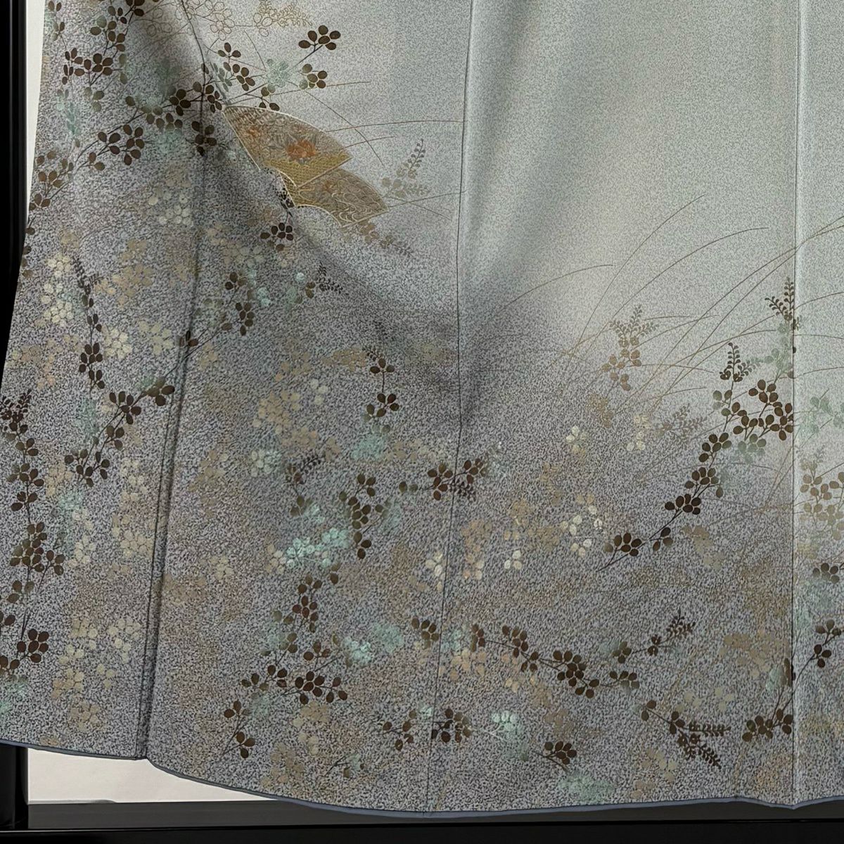 訪問服 身長155.5cm 袖長64cm M 雙層 扇子面 萩 刺繡 金彩裝飾 灰 純蠶絲 秀品級
