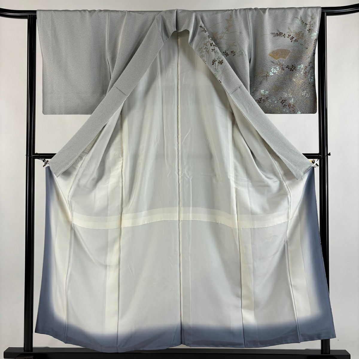 訪問服 身長155.5cm 袖長64cm M 雙層 扇子面 萩 刺繡 金彩裝飾 灰 純蠶絲 秀品級