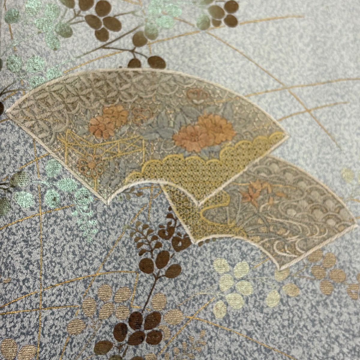 訪問服 身長155.5cm 袖長64cm M 雙層 扇子面 萩 刺繡 金彩裝飾 灰 純蠶絲 秀品級