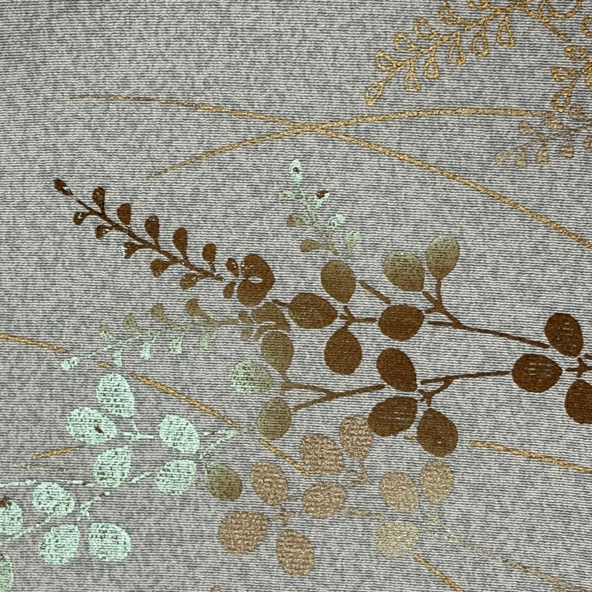 訪問服 身長155.5cm 袖長64cm M 雙層 扇子面 萩 刺繡 金彩裝飾 灰 純蠶絲 秀品級