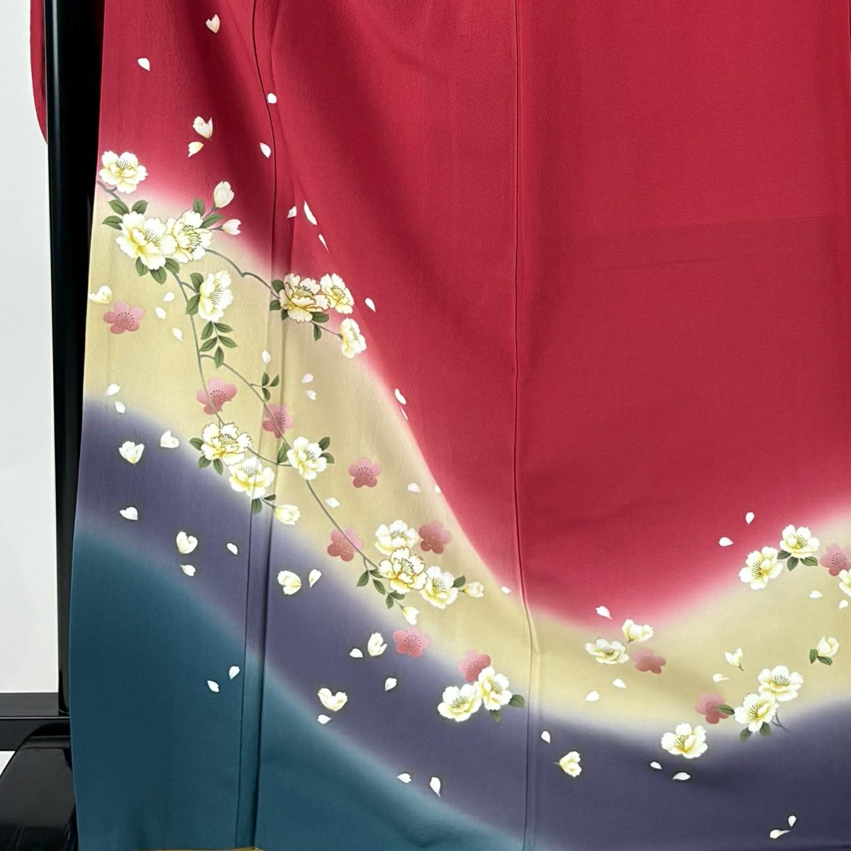 振袖禮服 身長170cm 袖長68.5cm L 雙層 枝花 花瓣 金金箔 漸層 紅 純蠶絲 優品級