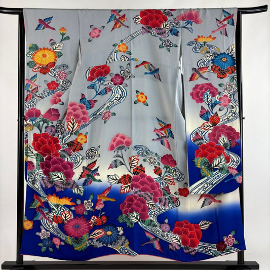 振袖禮服 身長151.5cm 袖長65cm M 雙層 鳥 草花紋紋 漸層 青灰 純蠶絲 優品級