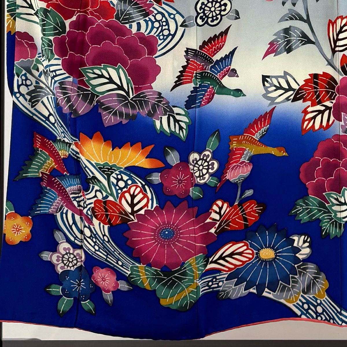 振袖禮服 身長151.5cm 袖長65cm M 雙層 鳥 草花紋紋 漸層 青灰 純蠶絲 優品級