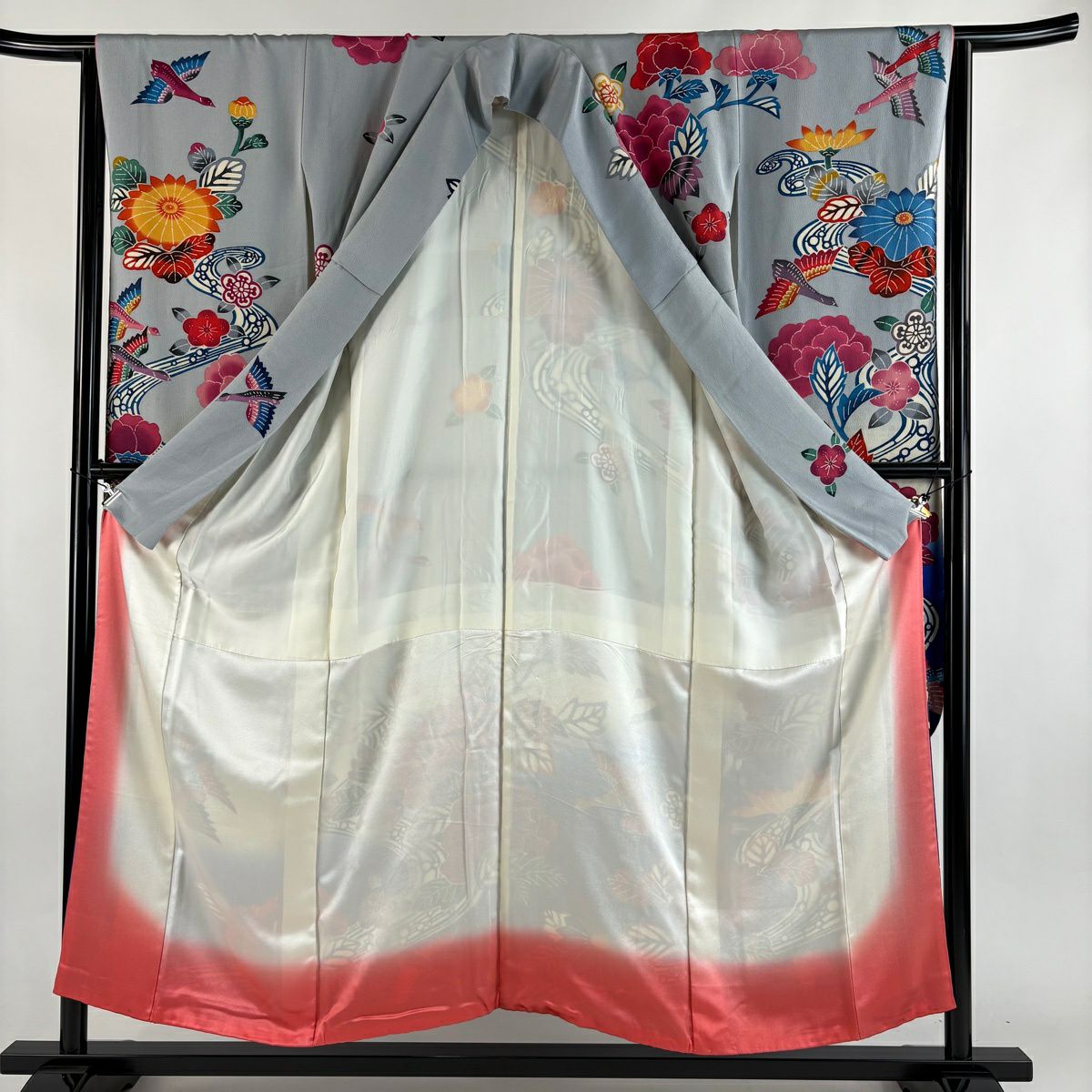 振袖禮服 身長151.5cm 袖長65cm M 雙層 鳥 草花紋紋 漸層 青灰 純蠶絲 優品級