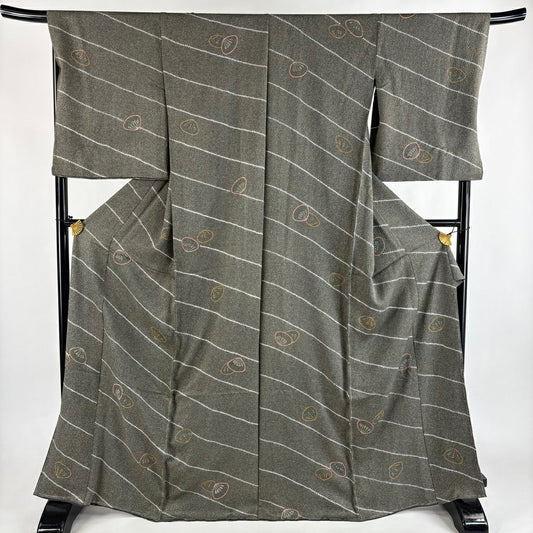 【美品】 小紋 身長169.5cm 袖長70cm 未仕立 雜花圖案 斜條紋 幾何學 茶綠 純蠶絲 秀品級