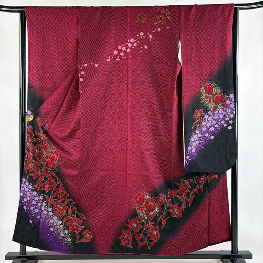 振袖禮服 身長157.5cm 袖長65cm M 雙層 大和 百合 疋田 金銀彩 染分 玫瑰紅 純蠶絲 優品級