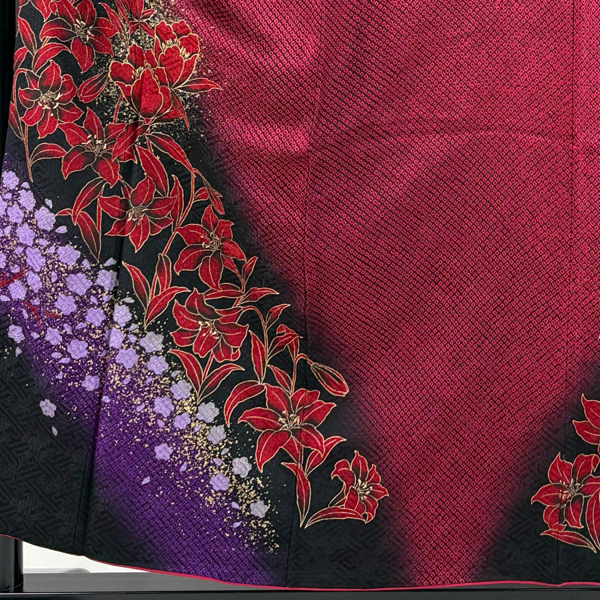 振袖禮服 身長157.5cm 袖長65cm M 雙層 大和 百合 疋田 金銀彩 染分 玫瑰紅 純蠶絲 優品級