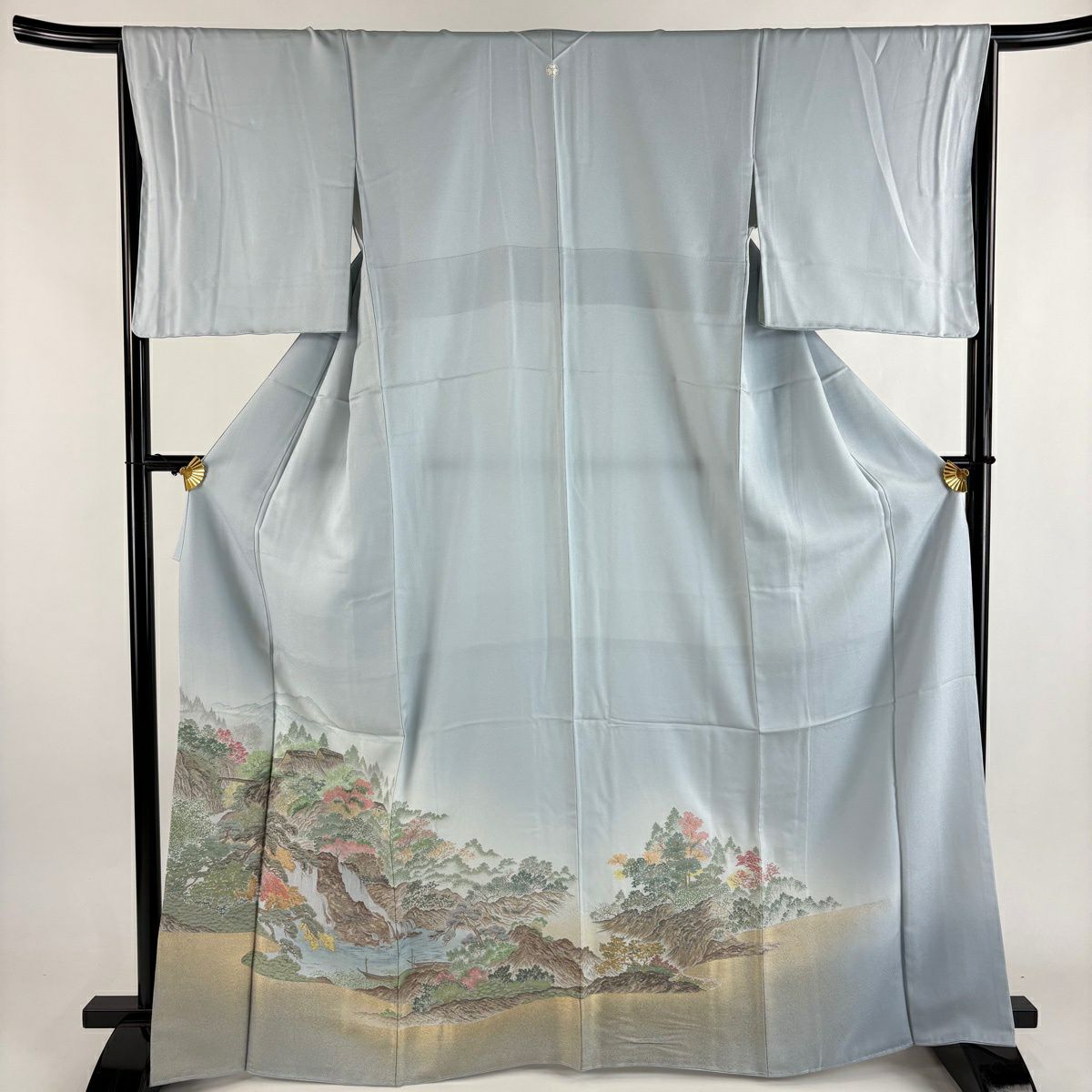 色留袖禮服 身長166cm 袖長66.5cm M 雙層 風景 金糸 漸層 水藍 純蠶絲 秀品級 一個紋