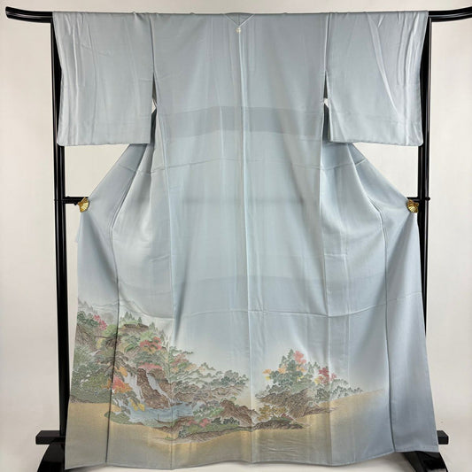 色留袖禮服 身長166cm 袖長66.5cm M 雙層 風景 金糸 漸層 水藍 純蠶絲 秀品級 一個紋