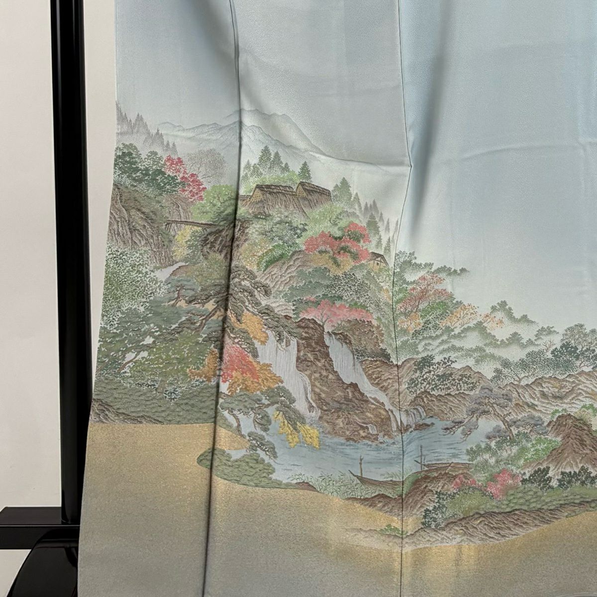 色留袖禮服 身長166cm 袖長66.5cm M 雙層 風景 金糸 漸層 水藍 純蠶絲 秀品級 一個紋