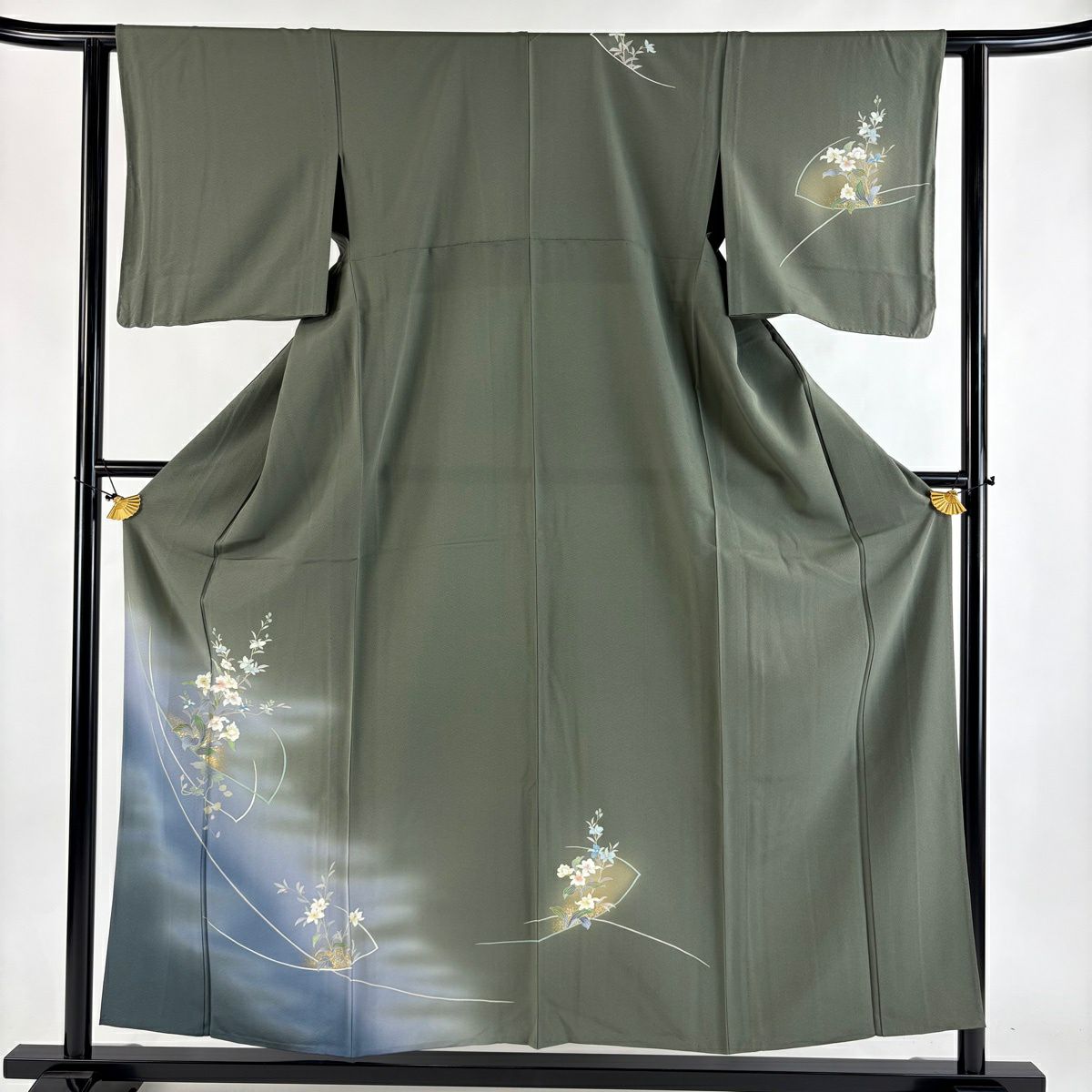 付下 身長157cm 袖長60.5cm S 單層 草花紋紋 霞 金銀彩 漸層 茶綠 純蠶絲 優品級