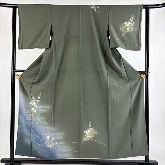 付下 身長157cm 袖長60.5cm S 單層 草花紋紋 霞 金銀彩 漸層 茶綠 純蠶絲 優品級