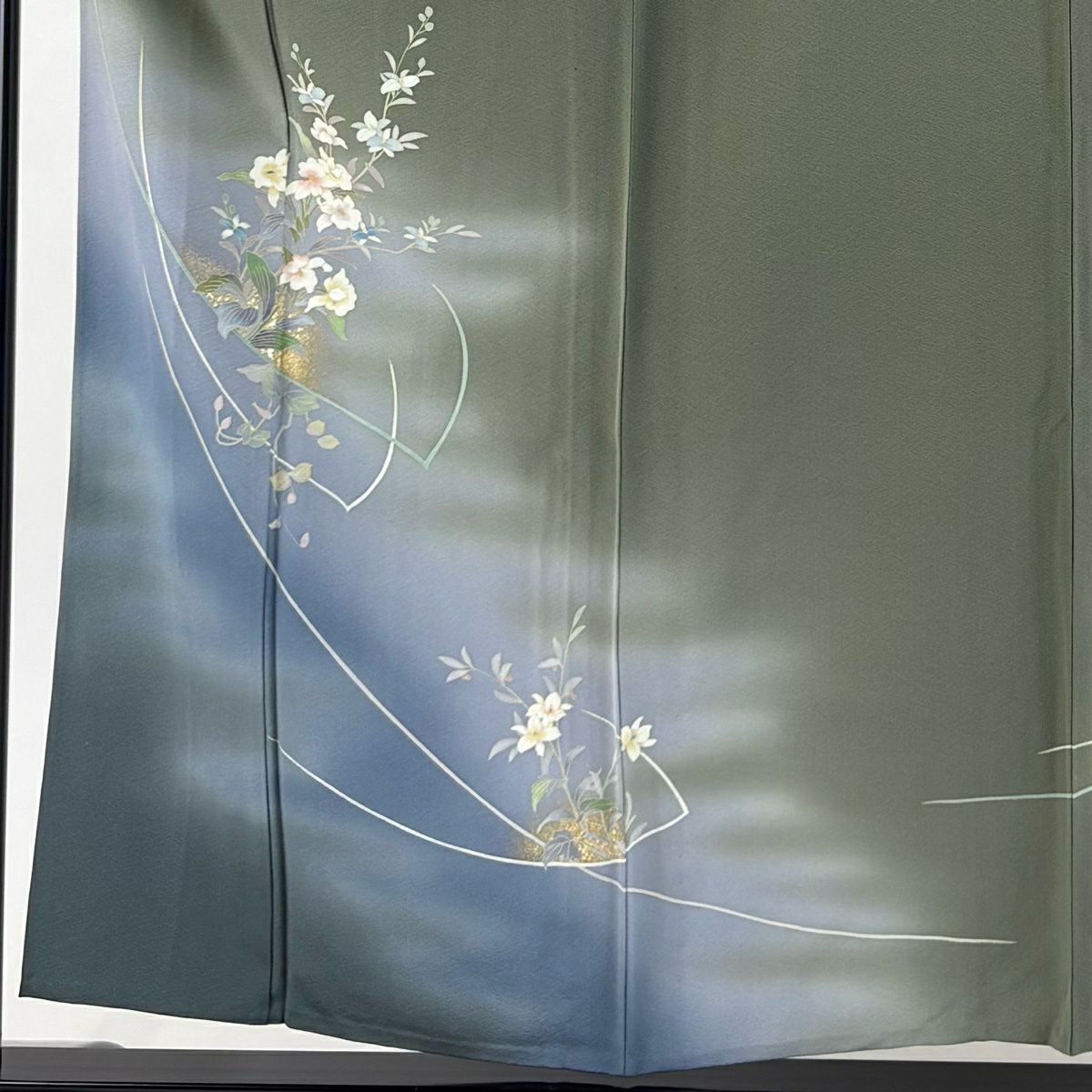 付下 身長157cm 袖長60.5cm S 單層 草花紋紋 霞 金銀彩 漸層 茶綠 純蠶絲 優品級