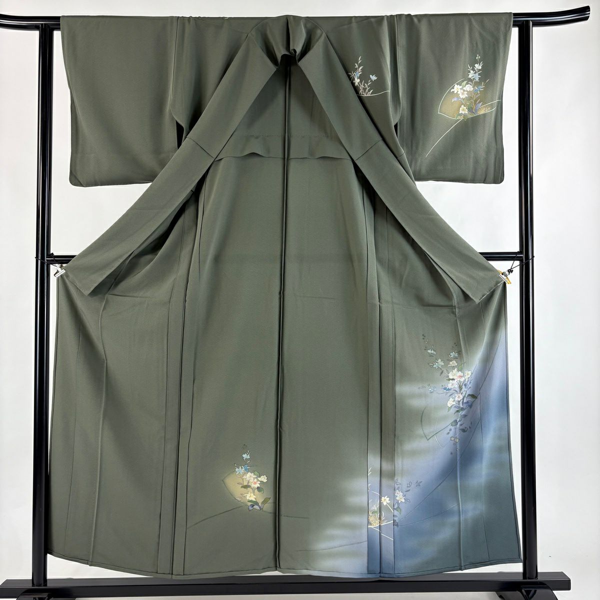 付下 身長157cm 袖長60.5cm S 單層 草花紋紋 霞 金銀彩 漸層 茶綠 純蠶絲 優品級