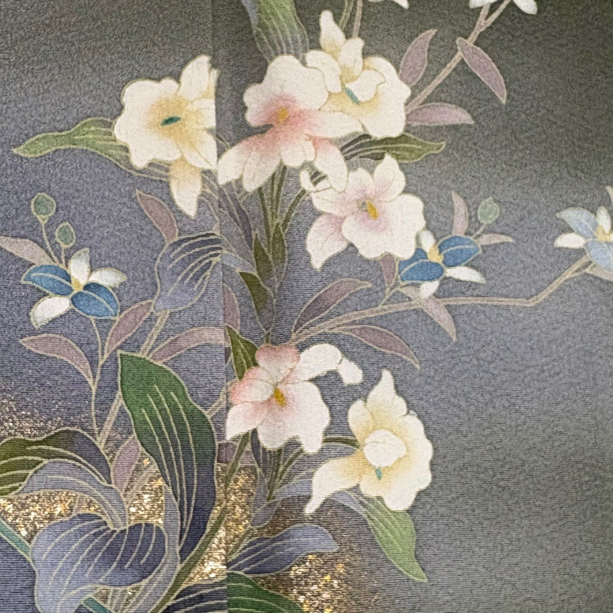 付下 身長157cm 袖長60.5cm S 單層 草花紋紋 霞 金銀彩 漸層 茶綠 純蠶絲 優品級