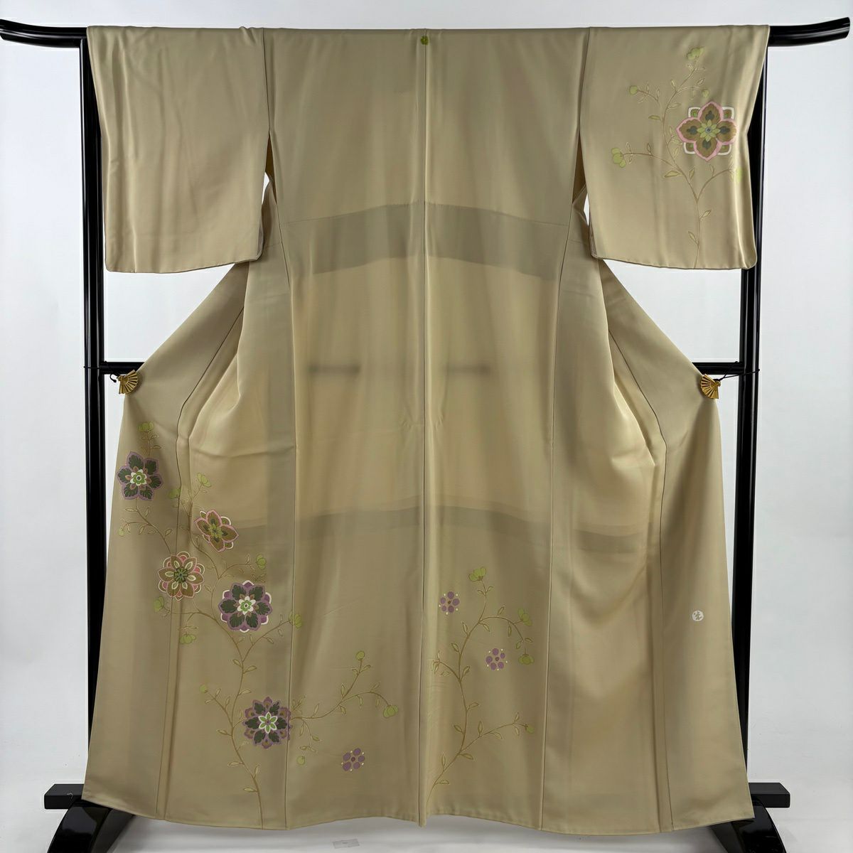 付下 身長160.5cm 袖長66cm M 雙層 落款 華紋 枝花 金銀彩 米色 純蠶絲 秀品級 一つ紋