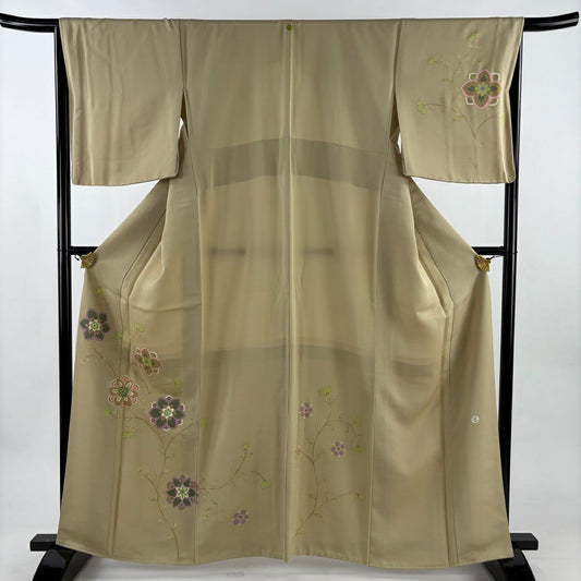 付下 身長160.5cm 袖長66cm M 雙層 落款 華紋 枝花 金銀彩 米色 純蠶絲 秀品級 一つ紋