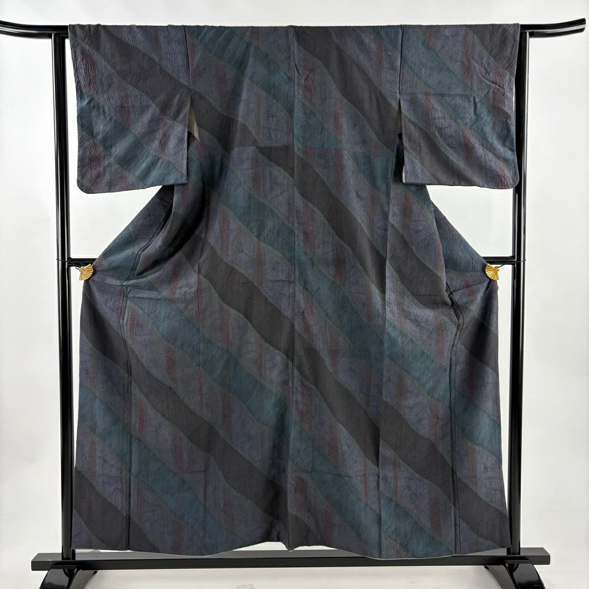 【美品】訪問服 身長158cm 袖長63cm S 雙層 紬織織 斜條 幾何學 絞染 青灰 純蠶絲 秀品級
