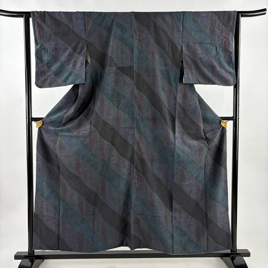 【美品】訪問服 身長158cm 袖長63cm S 雙層 紬織織 斜條 幾何學 絞染 青灰 純蠶絲 秀品級