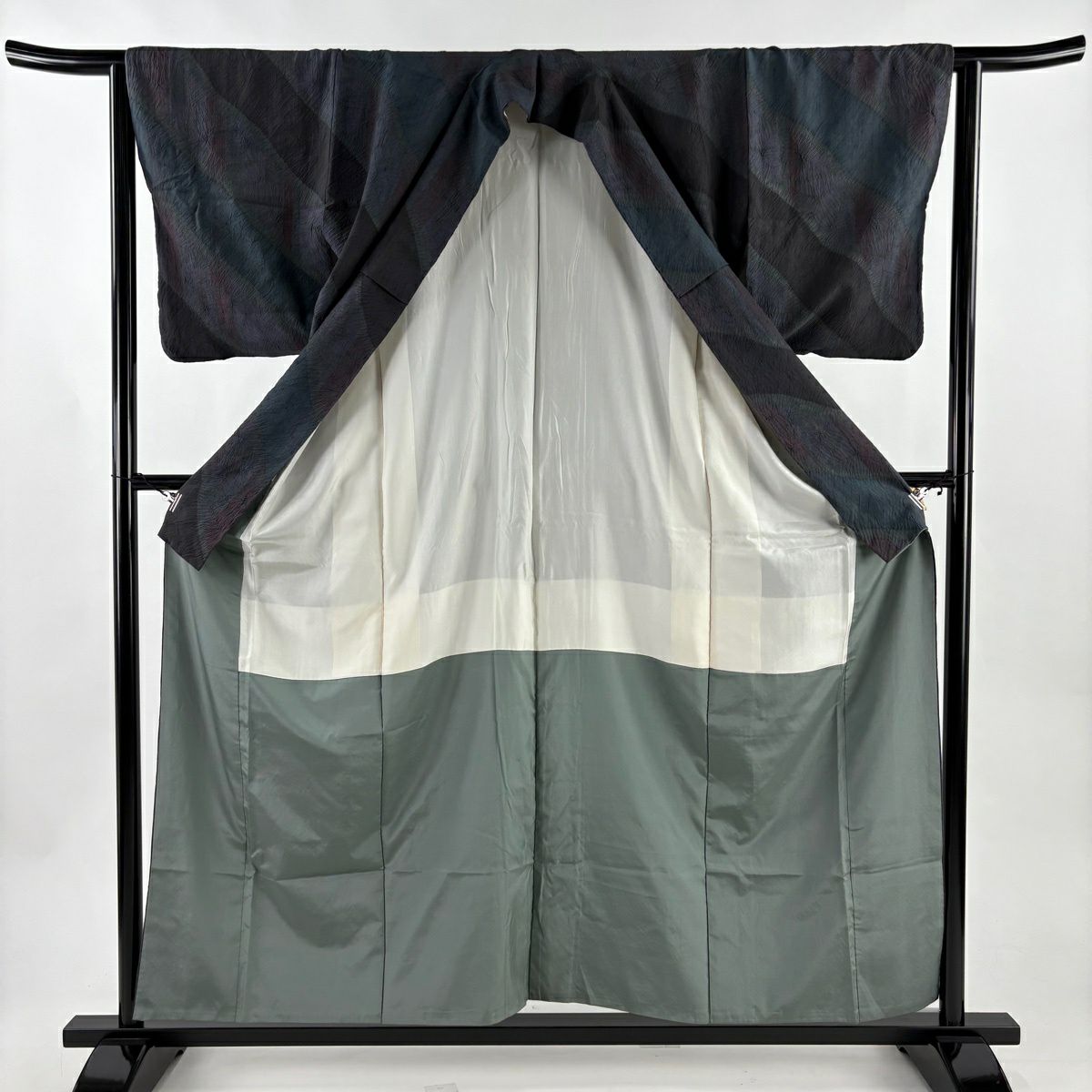 【美品】訪問服 身長158cm 袖長63cm S 雙層 紬織織 斜條 幾何學 絞染 青灰 純蠶絲 秀品級