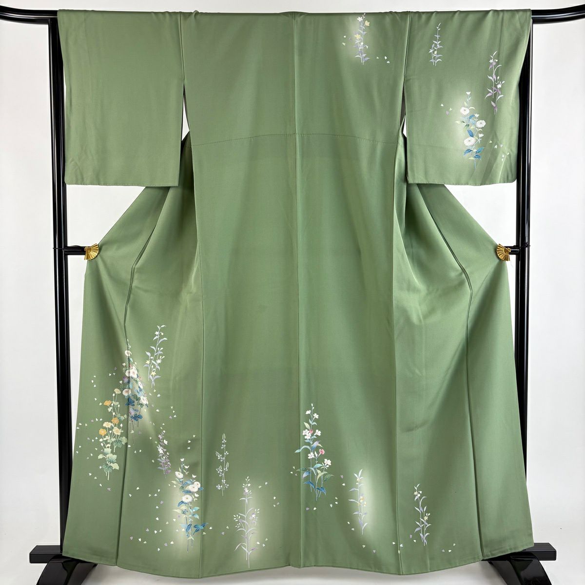 付下 身長160cm 袖長66cm M 雙層 草花紋紋 漸層 淺綠 純蠶絲 優品級