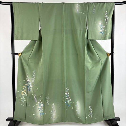付下 身長160cm 袖長66cm M 雙層 草花紋紋 漸層 淺綠 純蠶絲 優品級
