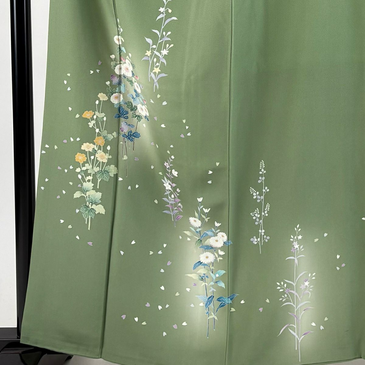 付下 身長160cm 袖長66cm M 雙層 草花紋紋 漸層 淺綠 純蠶絲 優品級