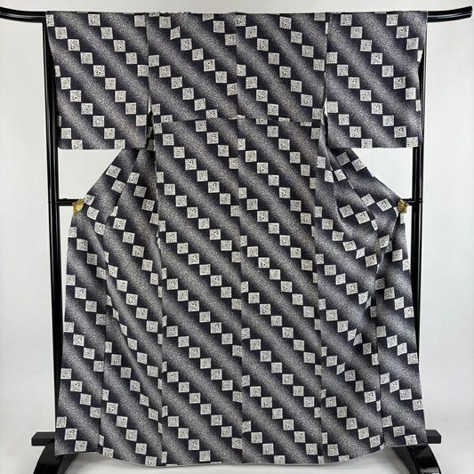 【美品】 小紋 身長165cm 袖長67cm M 雙層 草花紋紋 流水 青灰 純蠶絲 秀品級