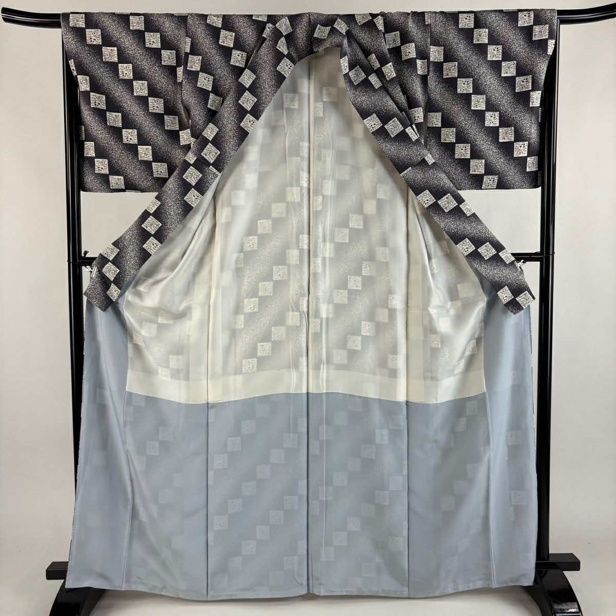 【美品】 小紋 身長165cm 袖長67cm M 雙層 草花紋紋 流水 青灰 純蠶絲 秀品級