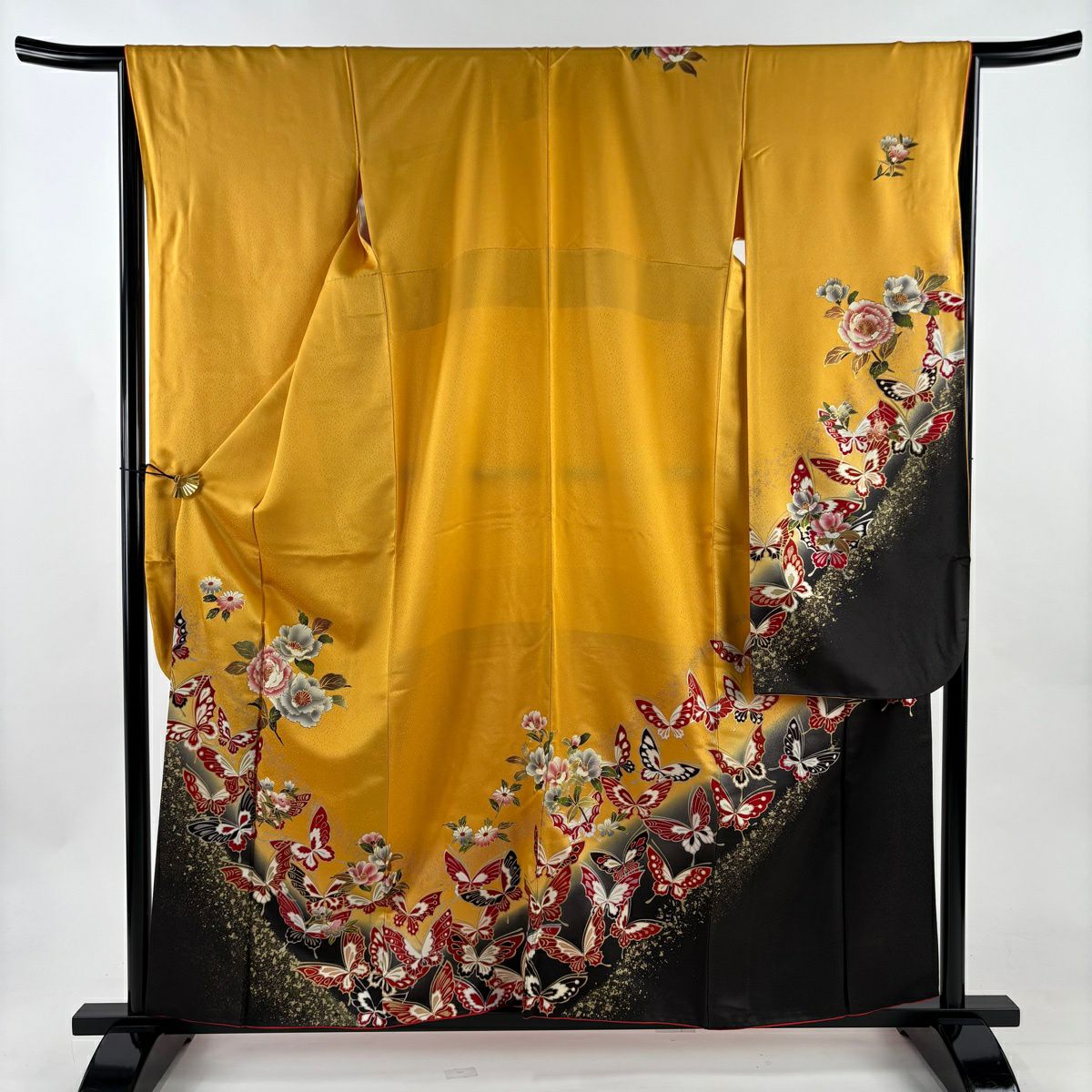 振袖禮服 身長159cm 袖長66cm M 雙層 蝶 草花紋紋 金銀彩 染分 山吹 純蠶絲 秀品級