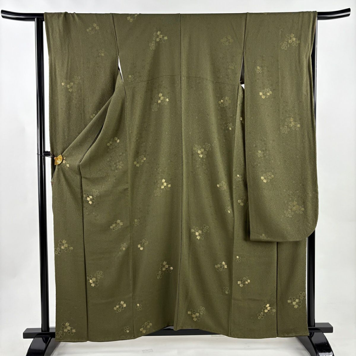 振袖禮服 身長159cm 袖長64cm M 雙層 櫻花 金絲 茶綠 純蠶絲 秀品級