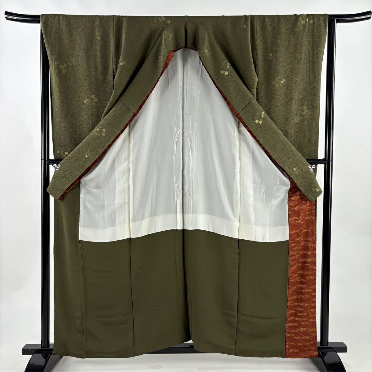 振袖禮服 身長159cm 袖長64cm M 雙層 櫻花 金絲 茶綠 純蠶絲 秀品級