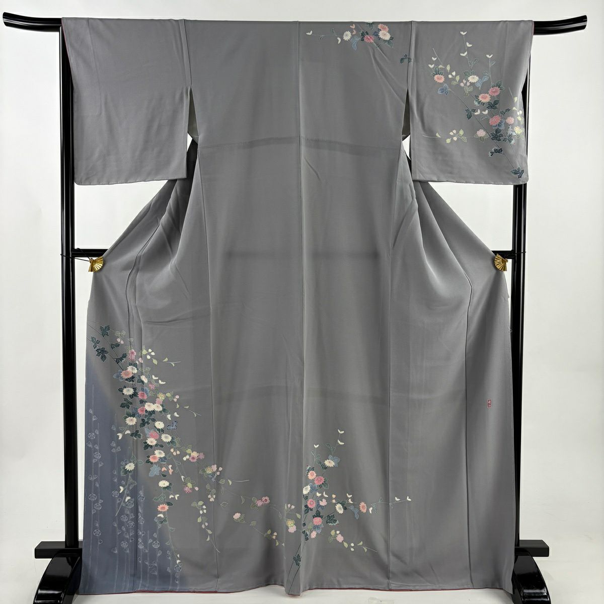 訪問服 身長168.5cm 袖長66cm M 雙層 落款あり 菊花 枝垂櫻 灰 純蠶絲 秀品級