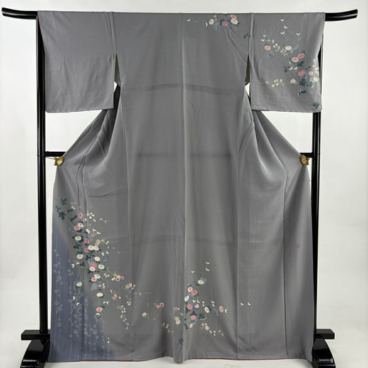 訪問服 身長168.5cm 袖長66cm M 雙層 落款あり 菊花 枝垂櫻 灰 純蠶絲 秀品級