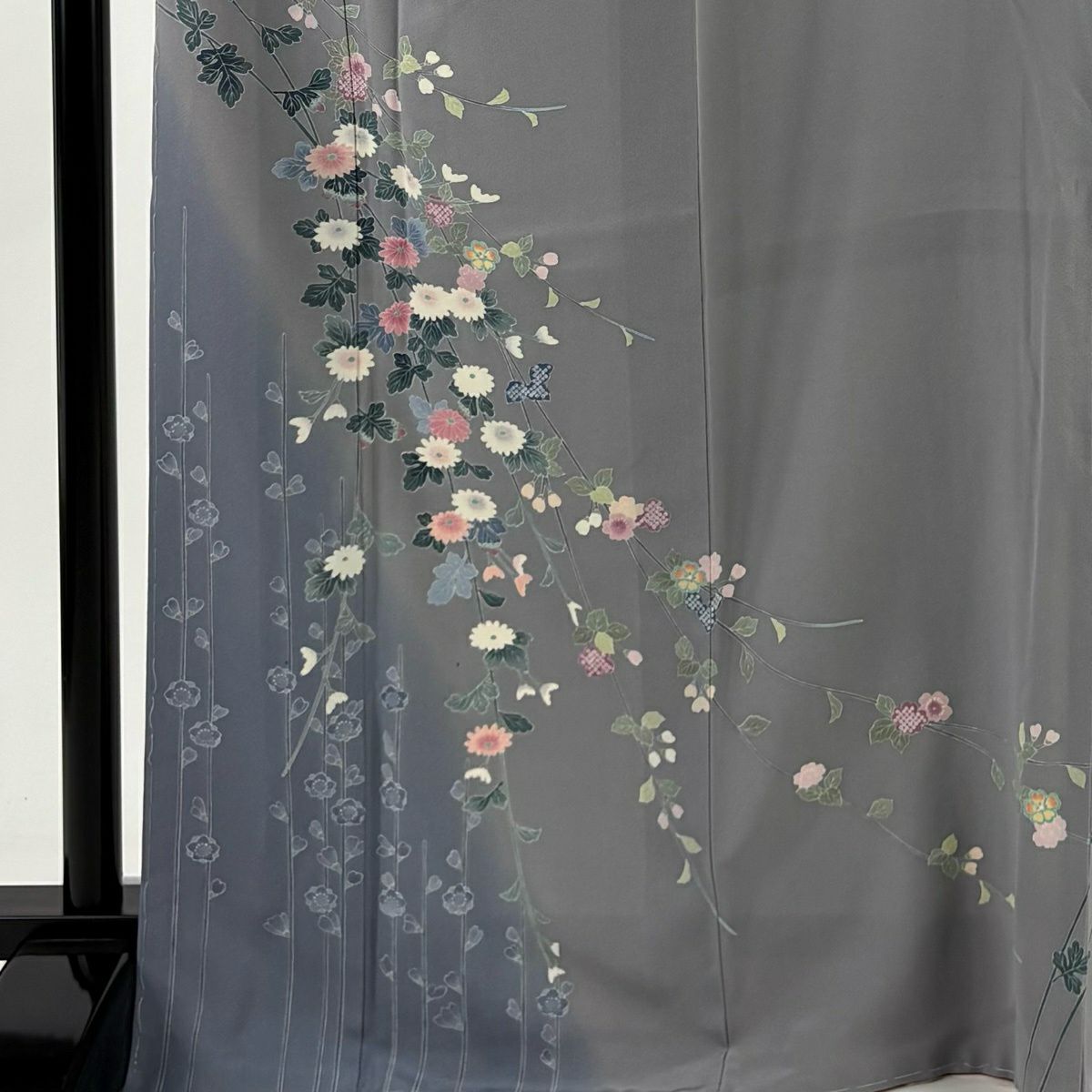 訪問服 身長168.5cm 袖長66cm M 雙層 落款あり 菊花 枝垂櫻 灰 純蠶絲 秀品級