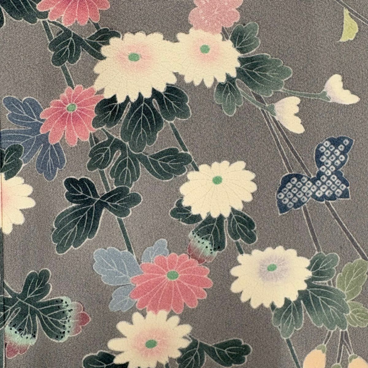 訪問服 身長168.5cm 袖長66cm M 雙層 落款あり 菊花 枝垂櫻 灰 純蠶絲 秀品級